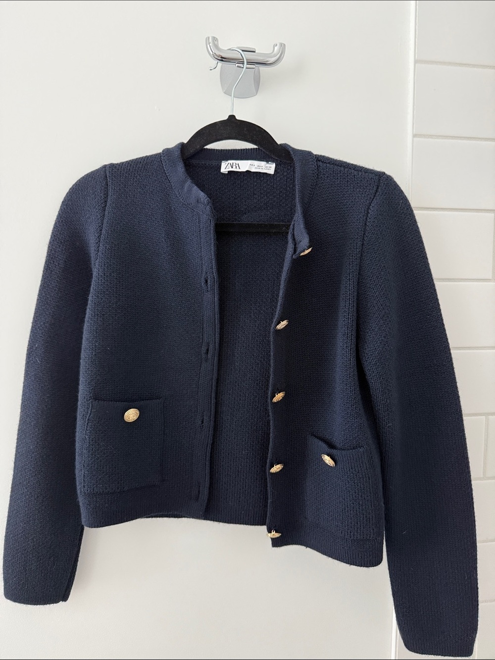 Zara Dark Navy Cropped Knit Blazer with Gold-Tone Buttons